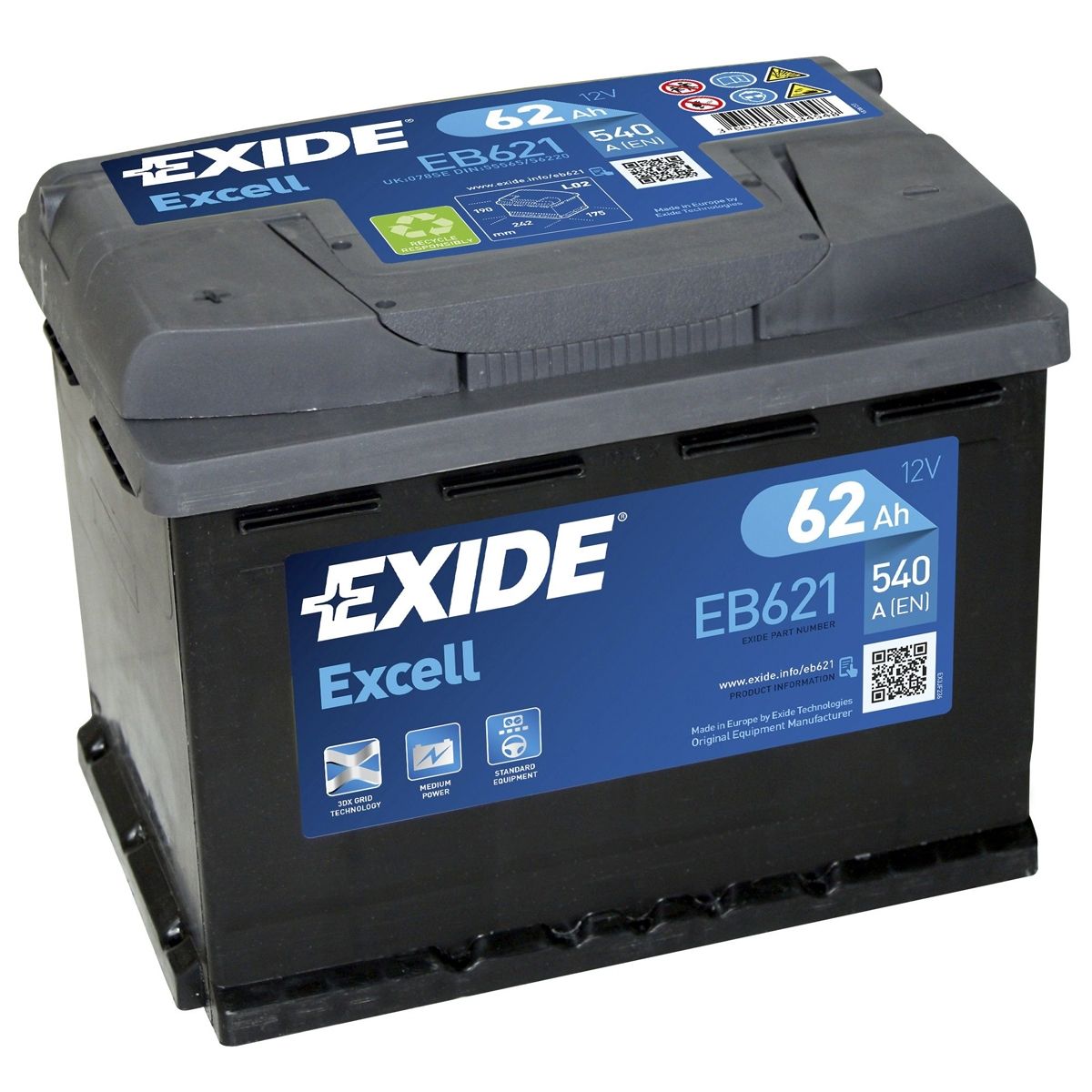 AKUMULATOR SAMOCHODOWY EXIDE EB621 EXCELL 60Ah 540A TYP: 078
