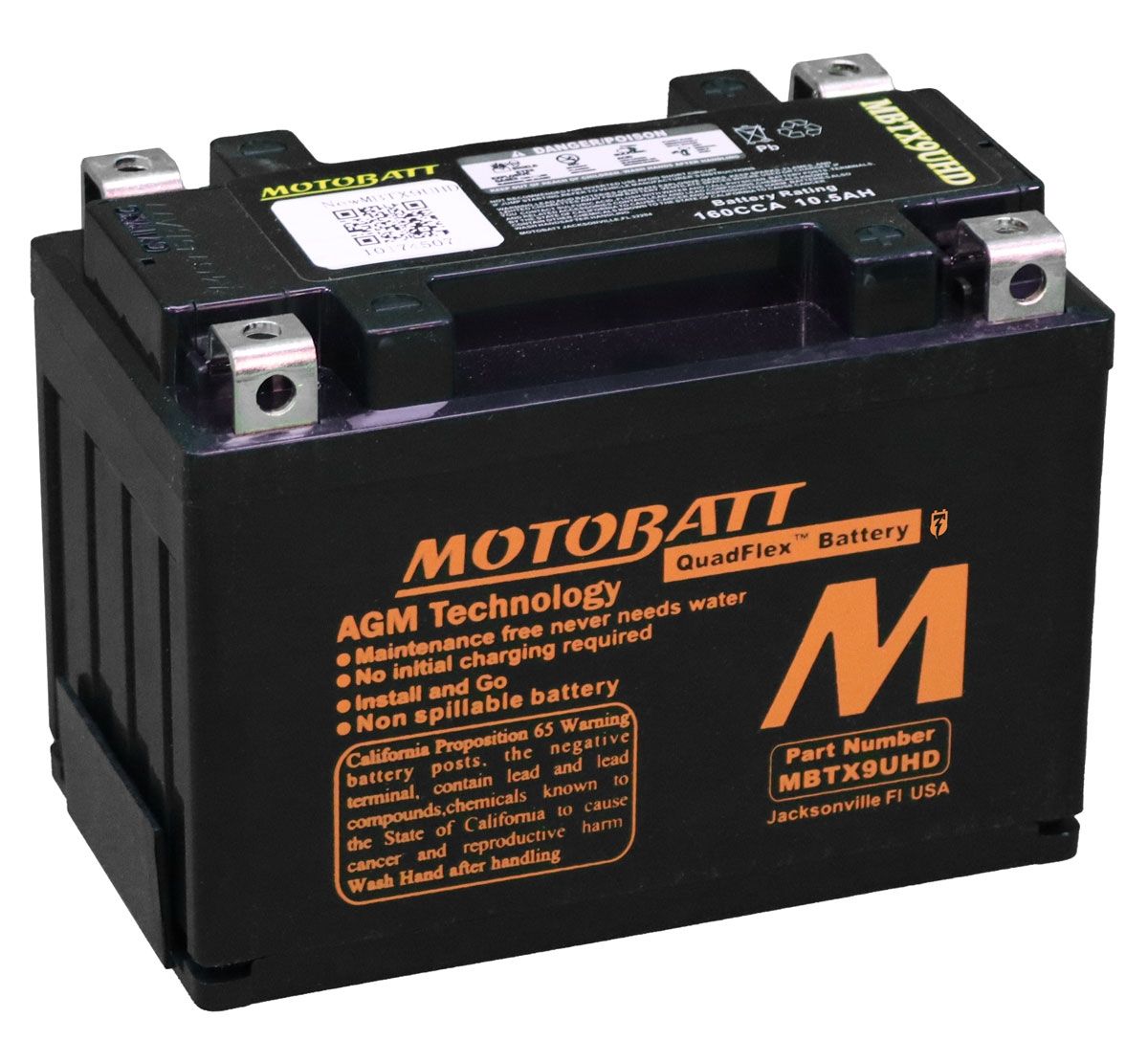 MOTOBATT MBTX9UHD BLACK QUADFLEX AGM BIKE BATTERY 12V 10AH