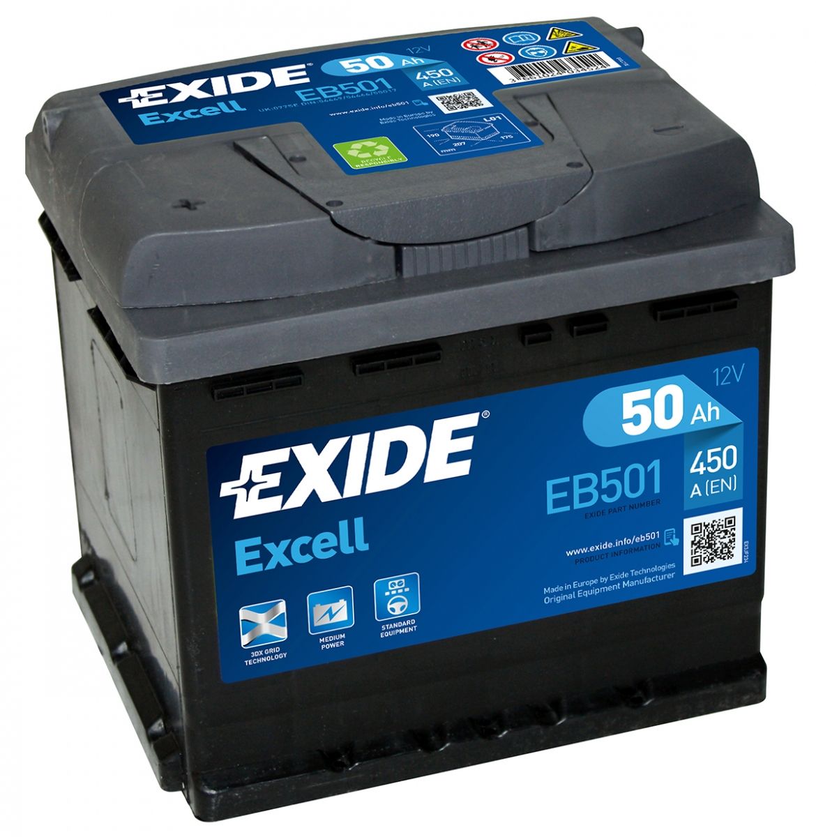 AKUMULATOR SAMOCHODOWY EXIDE EB501 EXCELL 50Ah 450A TYP: 077