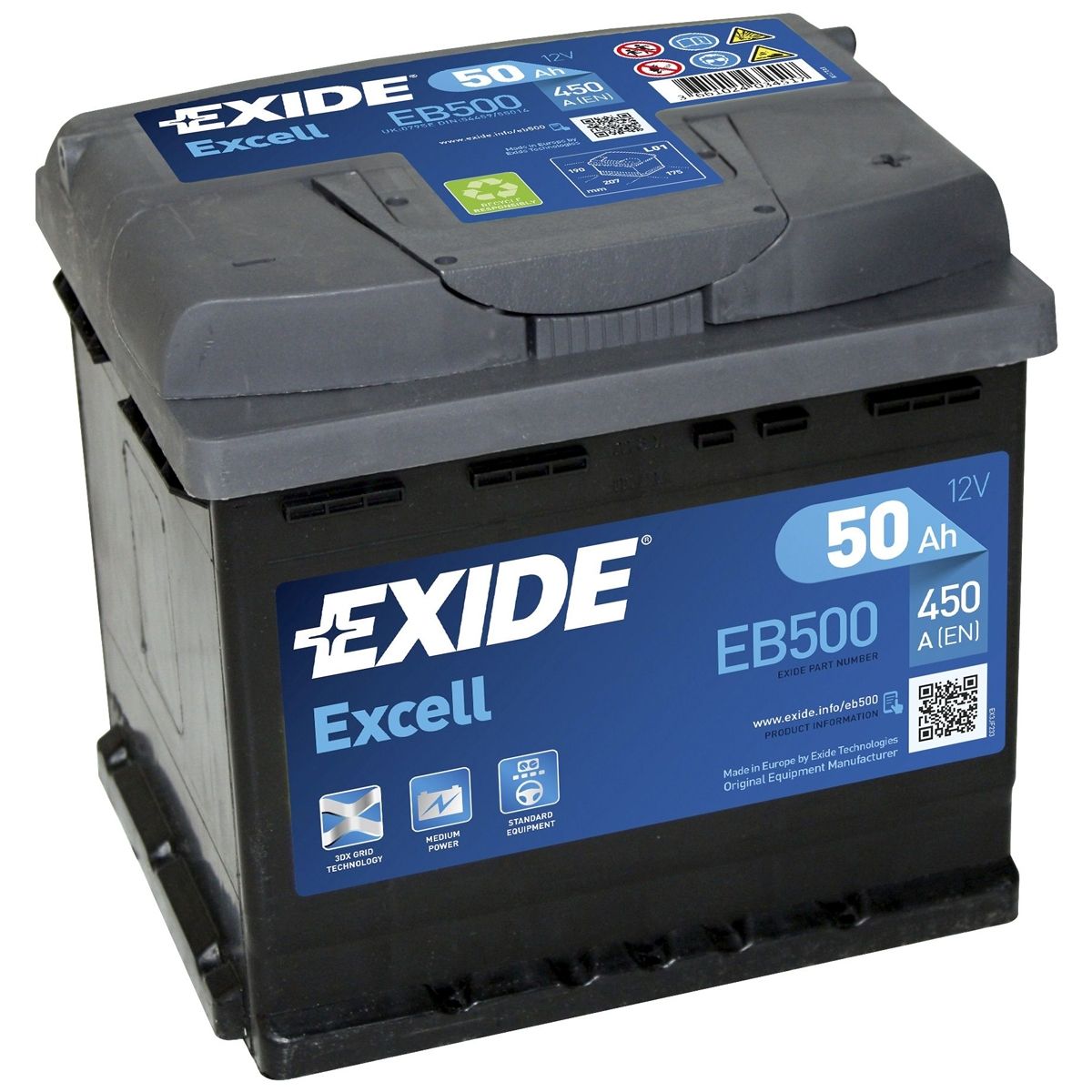 AKUMULATOR SAMOCHODOWY EXIDE EB500 EXCELL 50Ah 450A TYP: 012