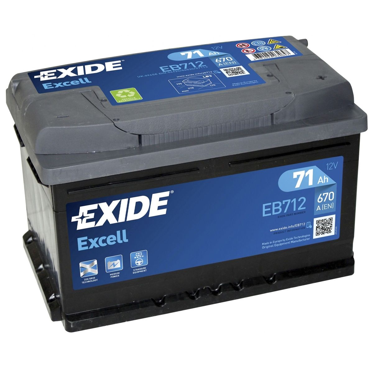 AKUMULATOR SAMOCHODOWY EXIDE EB712 EXCELL 71Ah 670A TYP: 100