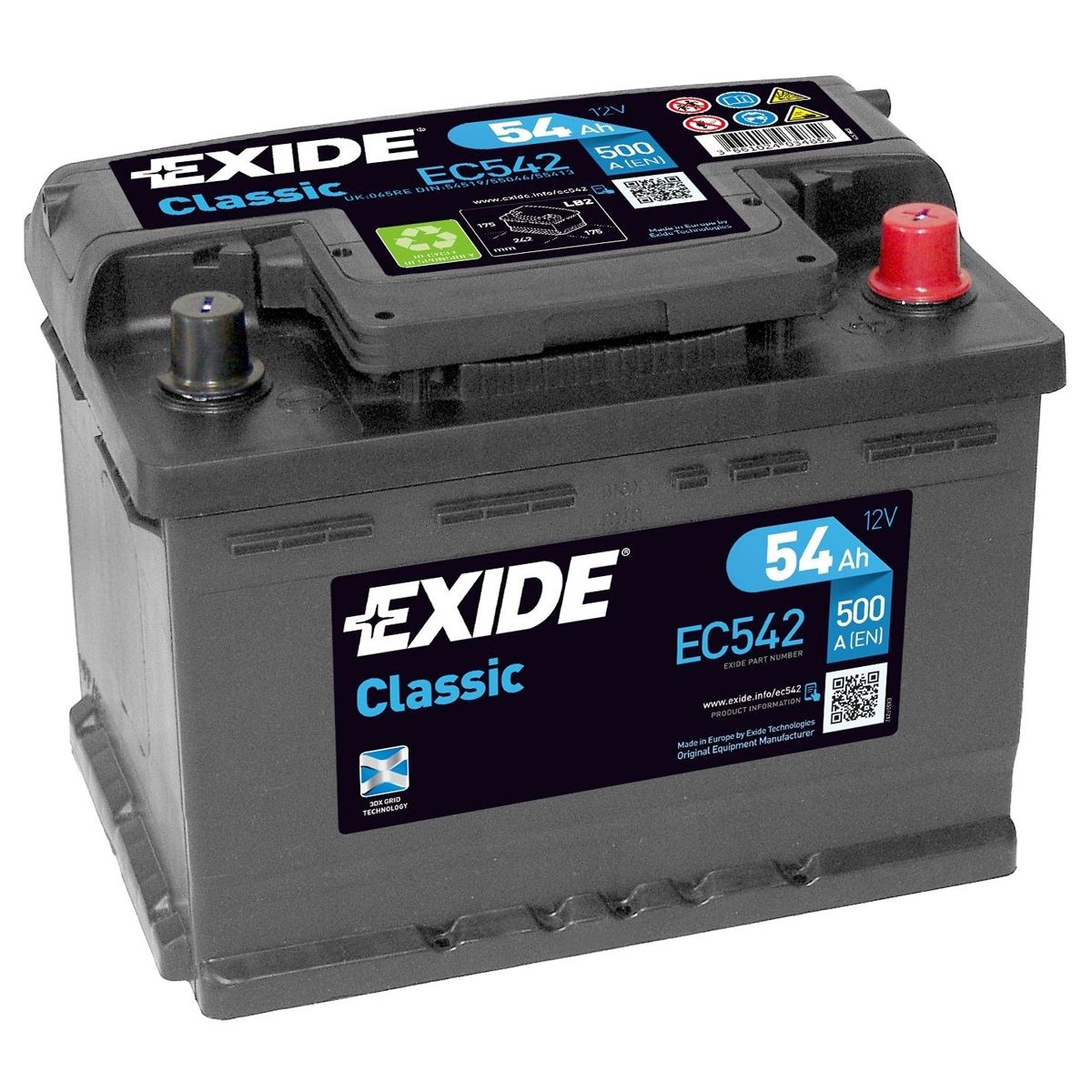 AKUMULATOR SAMOCHODOWY EXIDE EC542 PREMIUM 54Ah 500A TYP: 065
