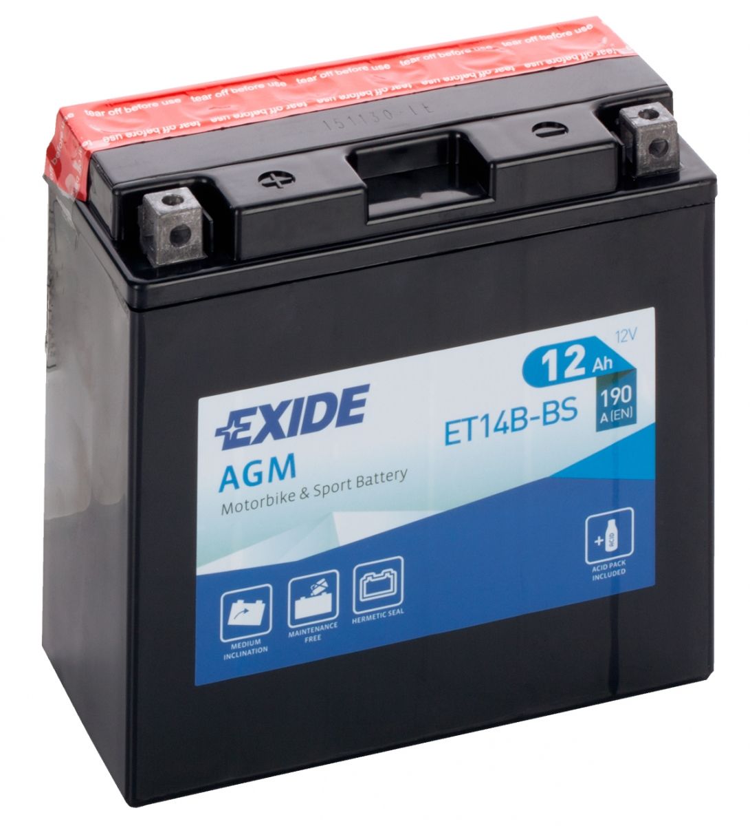 EXIDE ET14B-BS 12V AGM MOTORCYCLE BATTERY YT14B-BS